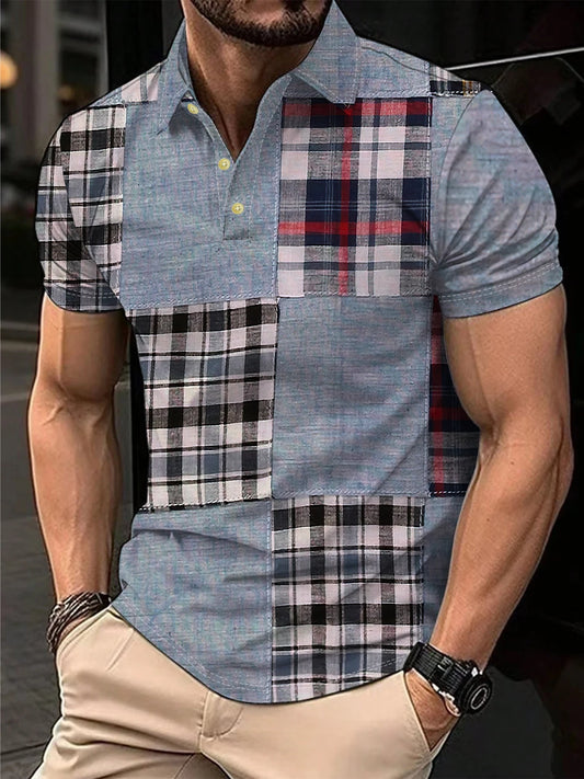 2025 elegante moda Harajuku Slim Fit Ropa Hombre suelta Casual todo fósforo celosía POLO estampado botón Camiseta de manga corta