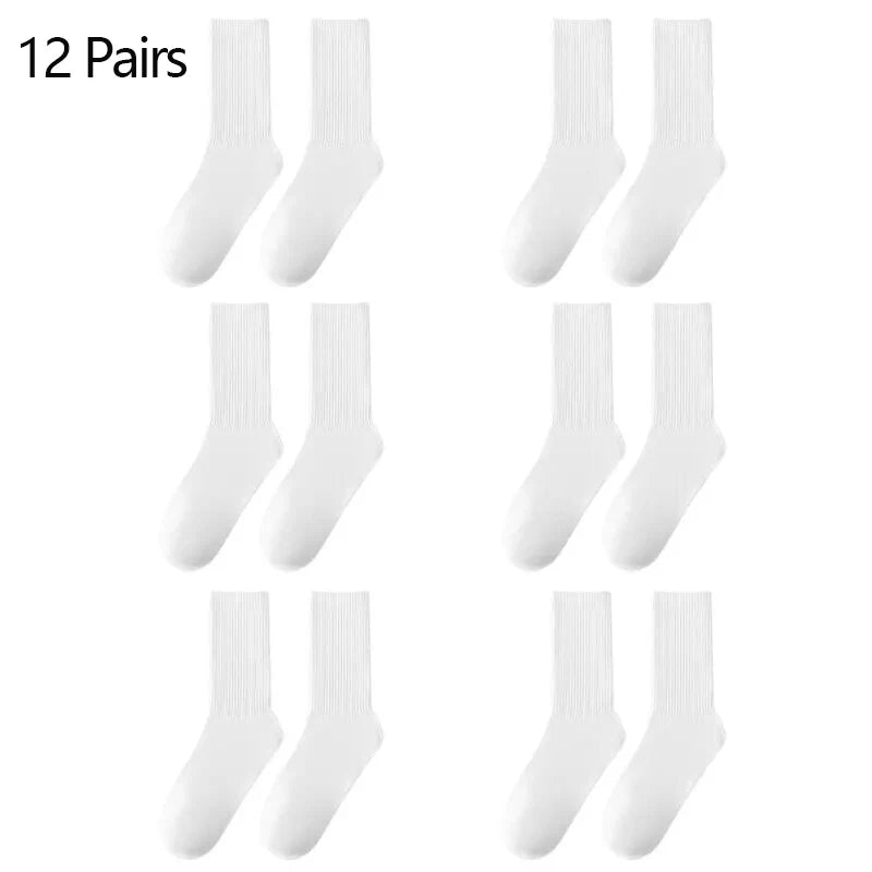 6/12 pares de calcetines de tubo medio para hombre Color sÃ³lido en blanco y negro ropa de calle Harajuku moda calcetines transpirables e informales