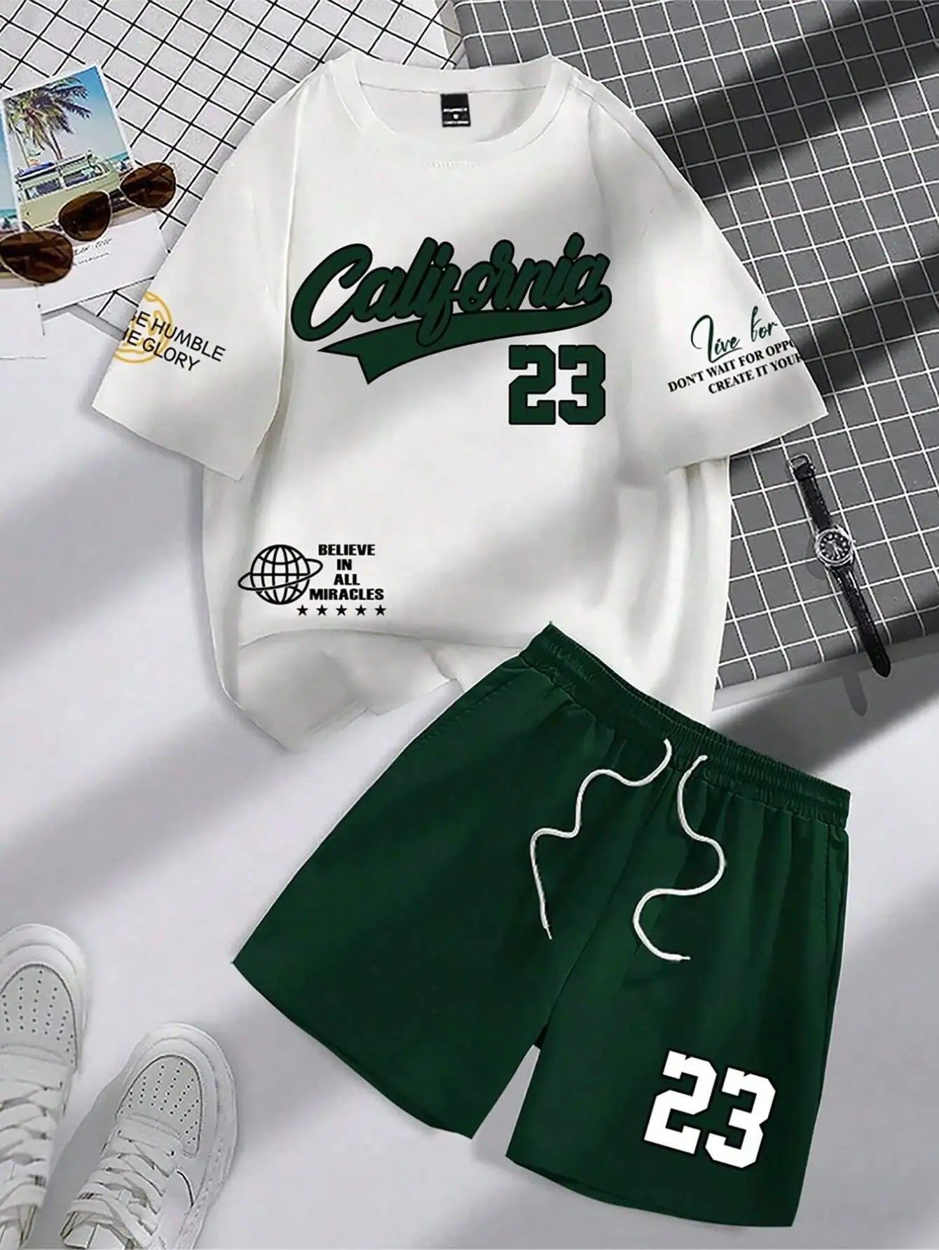 NOVEDAD DE VERANO 2025, traje de tendencia para hombre, conjunto de manga corta con cuello redondo, camiseta y pantalones cortos con cuello redondo y estampado alfanumérico personalizado a la moda