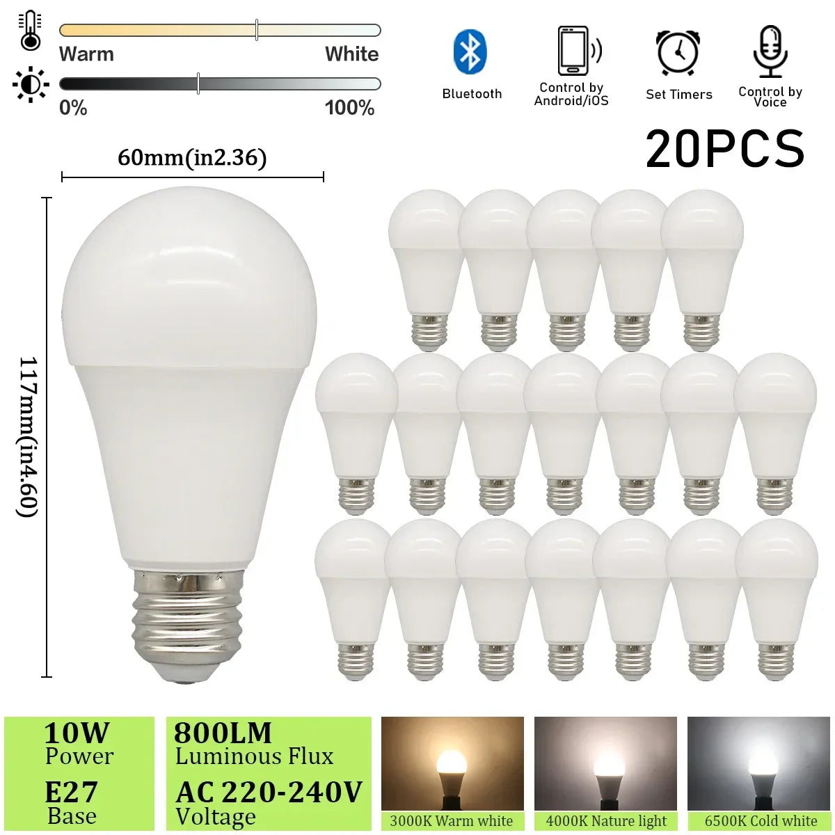 1-20 piezas regulable Bluetooth LED bombillas inteligentes aplicación E27 3000K-6500K iluminación 10W 220V 230V para dormitorio hogar Derec
