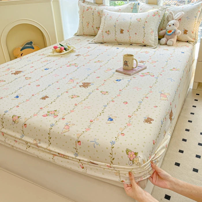 Juego de sábanas ajustadas de algodón 100% puro con funda de almohada, funda de cama con estampado de flores, sábanas individuales/Queen/King Size