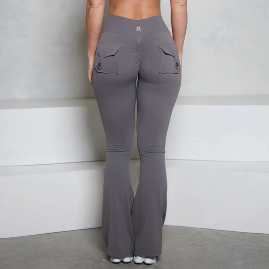 BUM gris bolsillo acampanado Scrunch Butt pantalones PB mujeres ajustado Sexy pantalones de cintura alta Push Up deporte Fitness Flare Leggings