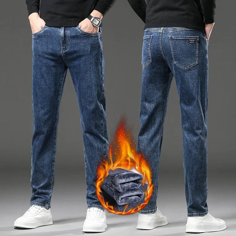 Pantalones vaqueros gruesos y cÃ¡lidos de lana de invierno para hombre, pantalones vaqueros elÃ¡sticos rectos ajustados, ropa informal para hombre, pantalones de felpa a la moda