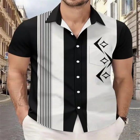 2025 NOVEDAD DE VERANO tendencia camisa de moda hawaiana Retro bolos estampado geométrico camisa de hombre camisa con botones de bolsillo envío rápido