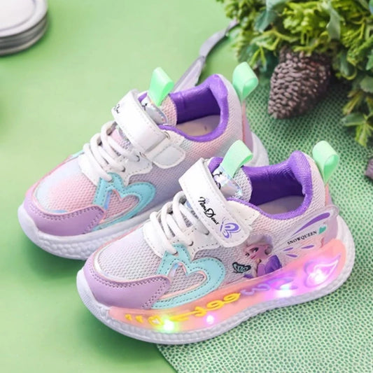 Zapatos Led de Disney para niños, zapatillas de deporte para niñas, zapatos de iluminación de princesa Frozen Elsa, zapatos deportivos informales rosas y morados, talla 21-31