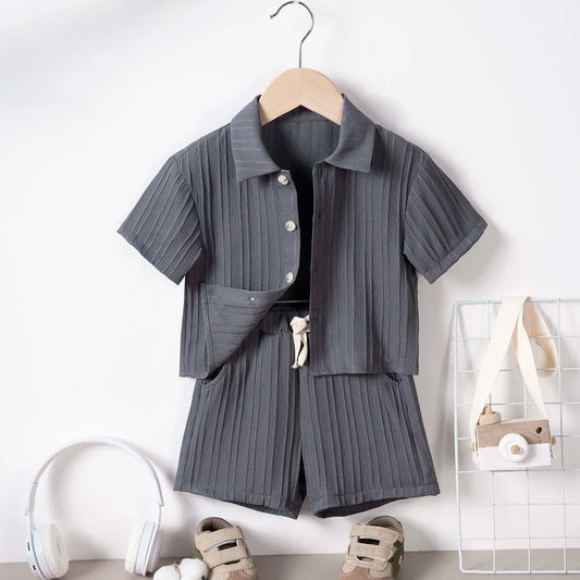Conjunto de ropa informal para niÃƒÂ±os, camisa de manga corta con solapa y pantalones cortos de cintura elÃƒÂ¡stica, traje de moda de 2 piezas, Verano