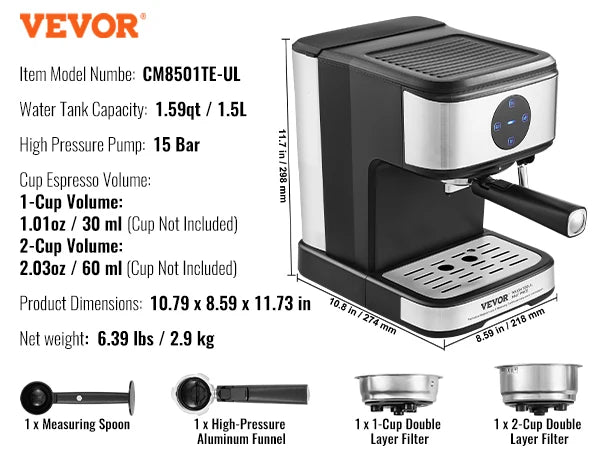 VEVOR-máquina de café y Espresso con Espumador de leche, máquina de café semiautomática profesional, varita de vapor, 15 Bar