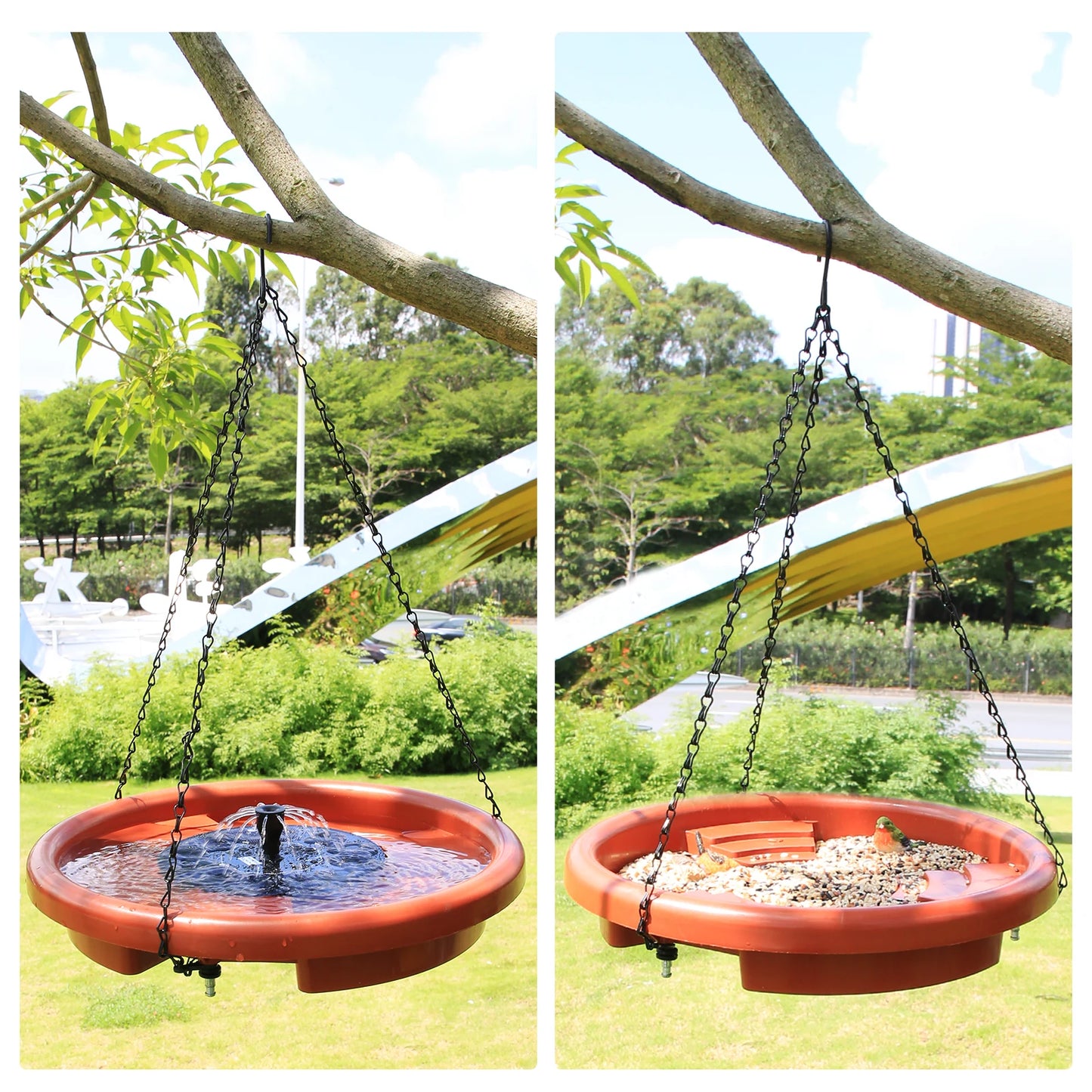 Alimentador de pájaros colgante con fuente para exteriores, bandeja para beber pájaros con gancho y cadena para jardín, Patio, 12 pulgadas