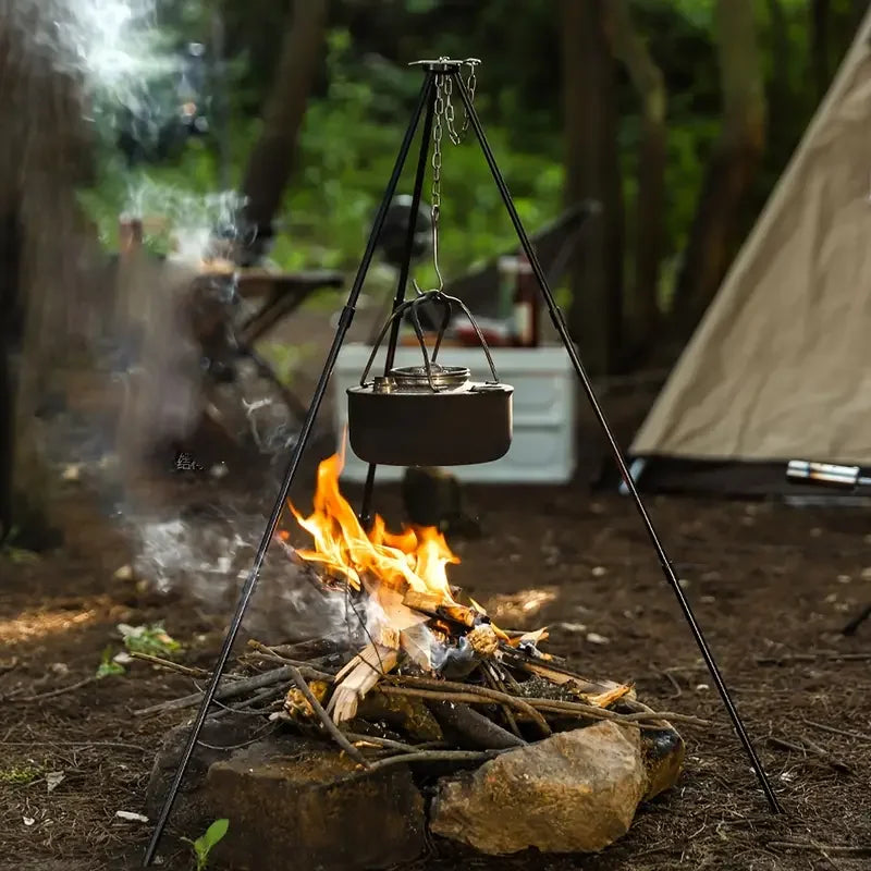 Trípode para fogata para acampar, olla colgante ajustable, cocina estable para fogata, esencial para Picnic, compacto y ligero, fácil de llevar
