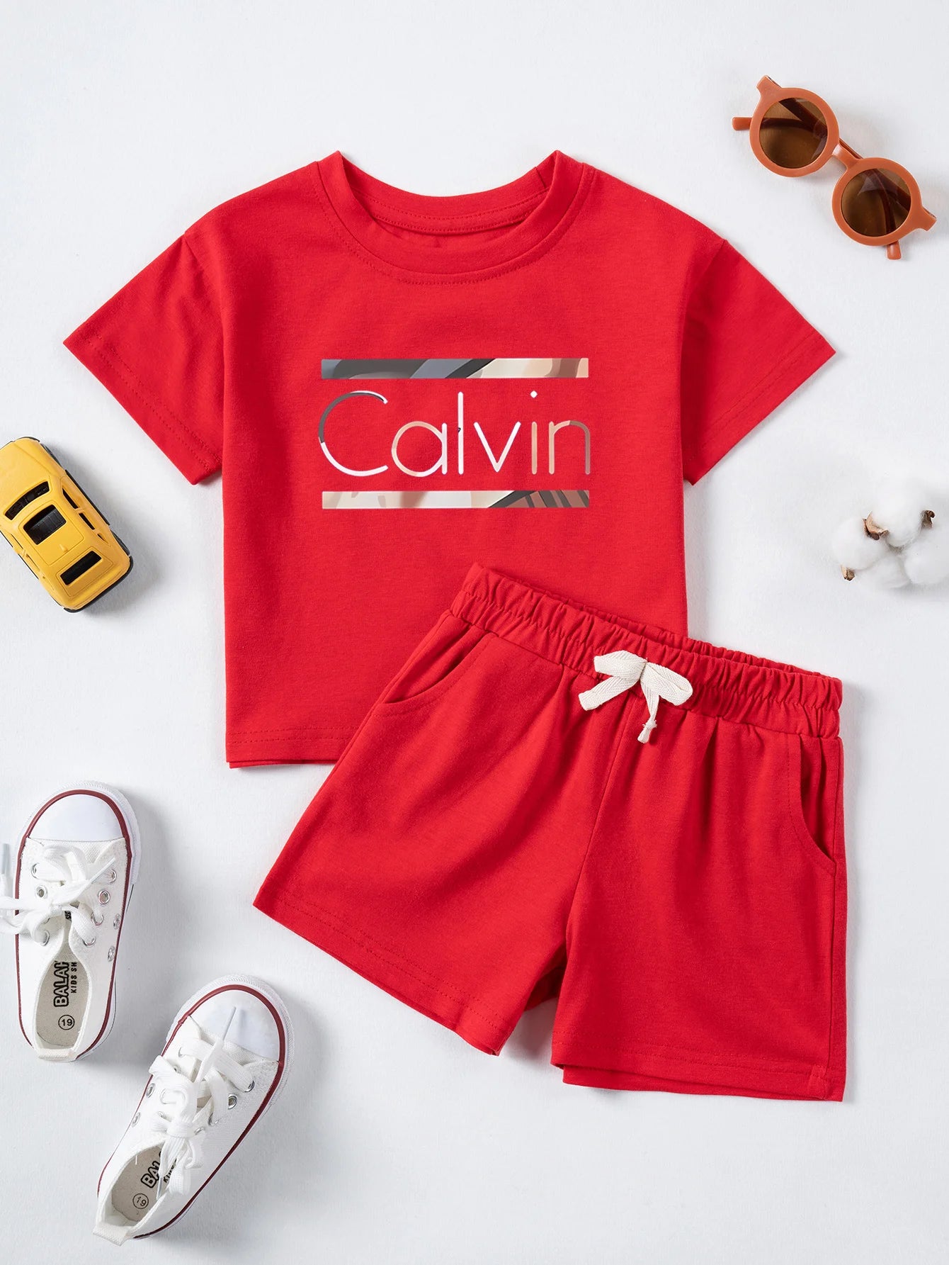 Trajes con estampado de letras Calvin para niños, camisetas de algodón + Pantalones cortos, conjuntos de ropa de 2 uds., trajes de moda para niños y niñas de 1 a 7 años
