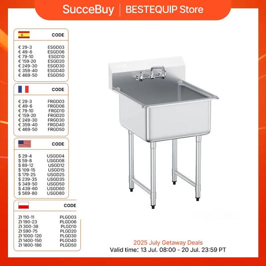 SucceBuy Fregadero de cocina y utilidad de acero inoxidable Fregadero de acero comercial para restaurante con 1 compartimento con grifo para restaurante y hogar