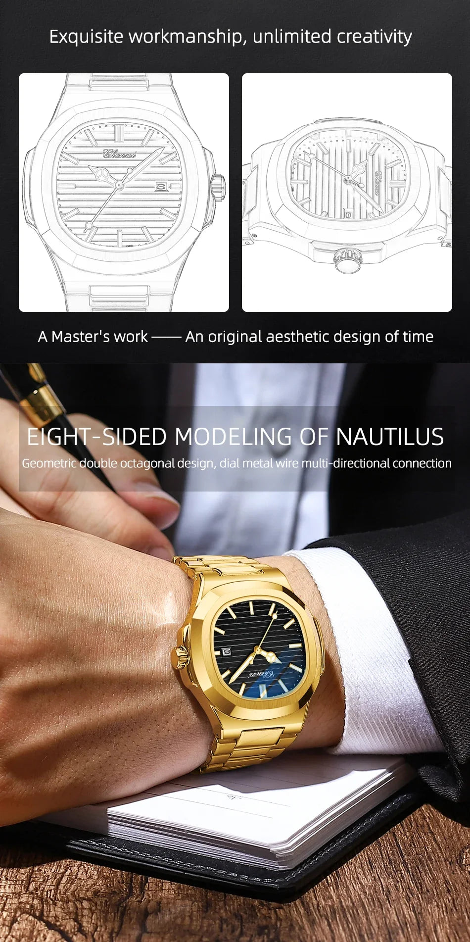 CHENXI 8222 reloj de negocios informal luminoso de acero inoxidable dorado de lujo para hombres relojes de pulsera de cuarzo de moda resistente al agua