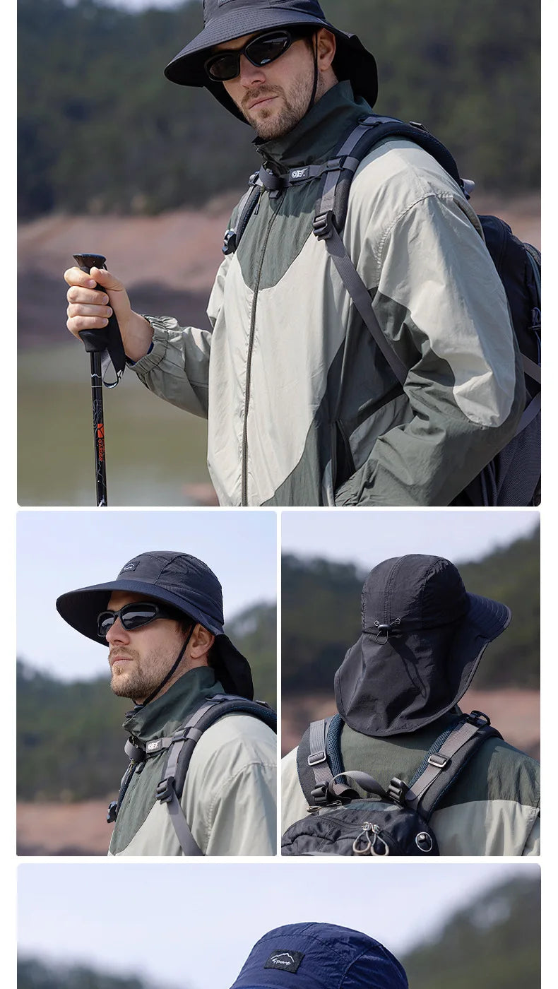Sombreros de pescador resistentes al agua para hombre, sombrero de cubo de ala ancha transpirable con chal, protecciÃ³n solar UV, senderismo al aire libre, pesca, Verano