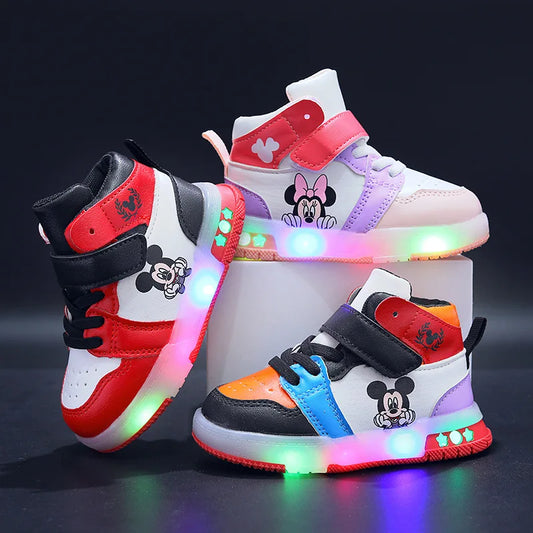 Zapatillas de deporte Disney para niños y niñas, zapatos deportivos con luz Led de Mickey, zapatos para estudiantes con gancho, zapatos antideslizantes para exteriores, zapatos de cesta