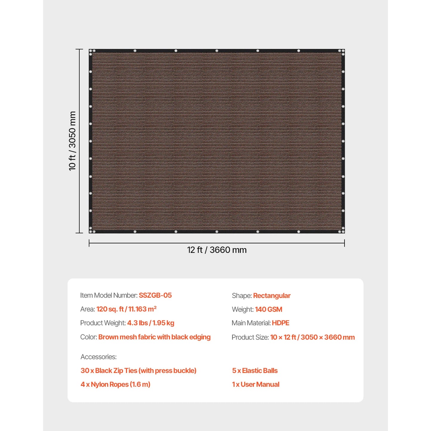 VEVOR Toldo de Sombra 305 x 305 cm Tela Parasol con Ojales de Acero Inoxidable Red de Sombreado HDPE 140 g/m² Tejido de Protección con 30 Bridas para Exteriores, Patios, Jardines, Terrazas, Negro
