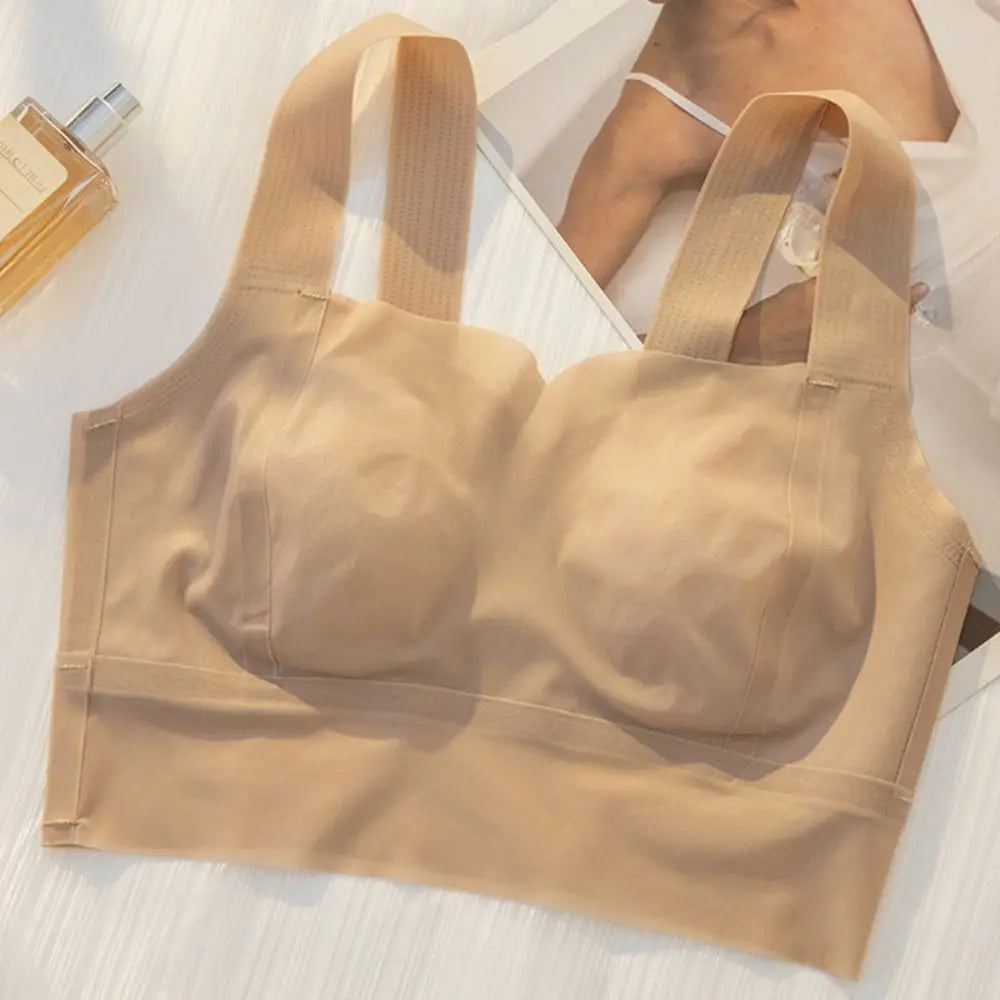 Sujetador ultrafino inalámbrico con escote en V profundo para mujer, sujetador sin costuras con pechos recogidos de seda helada, lencería de Copa grande, sujetadores push-up, regalos
