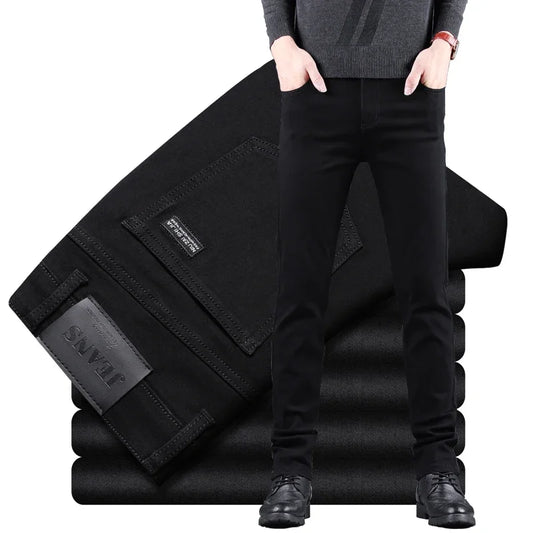 Primavera otoÃ±o nuevos hombres pantalones vaqueros ajustados negros puros pantalones rectos elÃ¡sticos moda de negocios ocio coreano Vintage pantalones vaqueros masculino