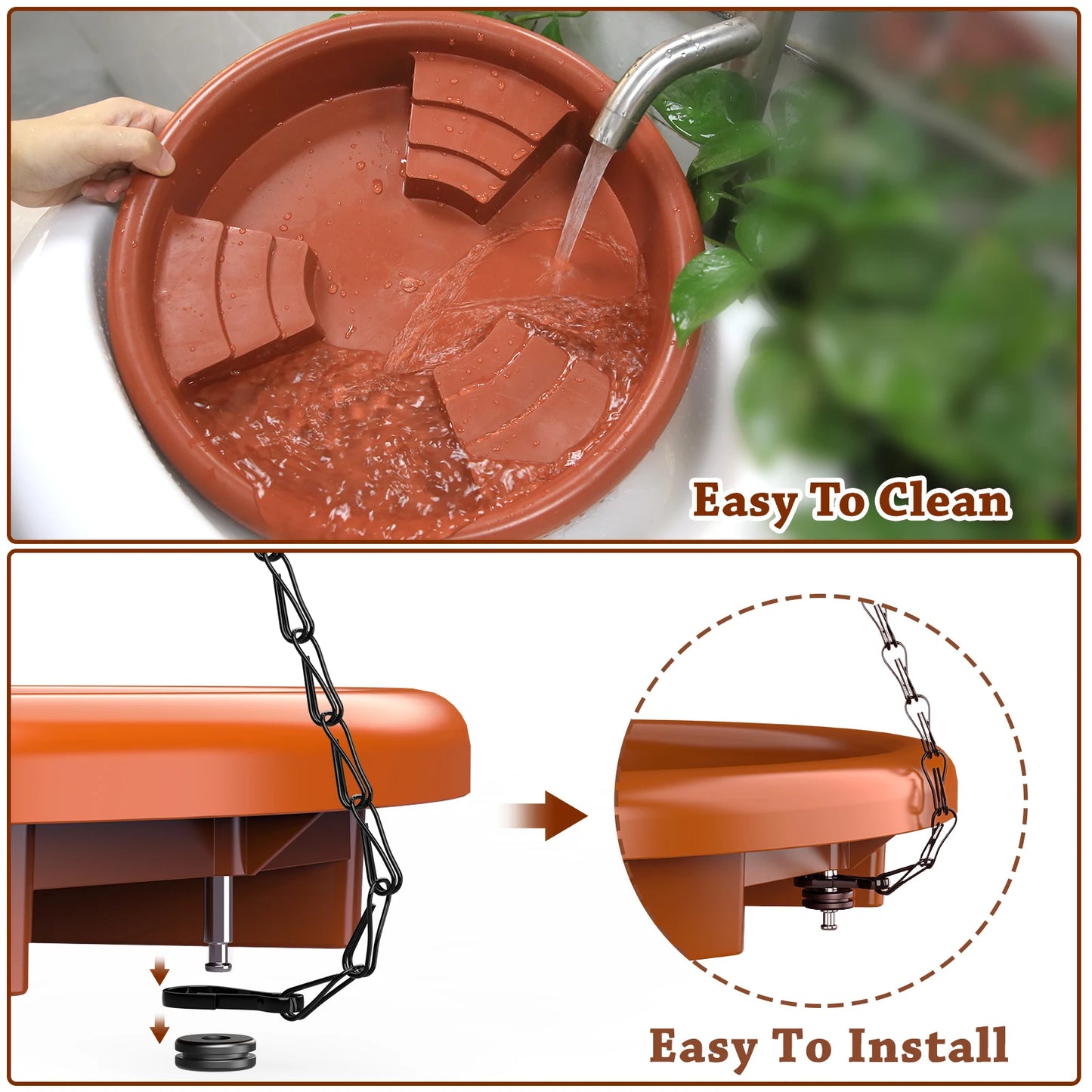 Alimentador de pájaros colgante con fuente para exteriores, bandeja para beber pájaros con gancho y cadena para jardín, Patio, 12 pulgadas