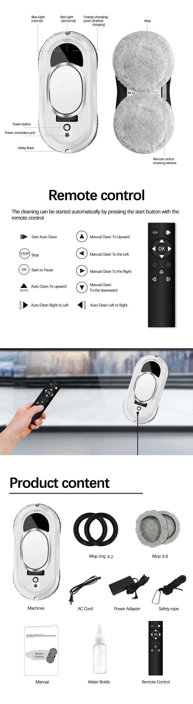 Robot aspirador inteligente para limpieza de ventanas, limpiador de ventanas eléctrico, Limpiacristales, Control remoto para el hogar
