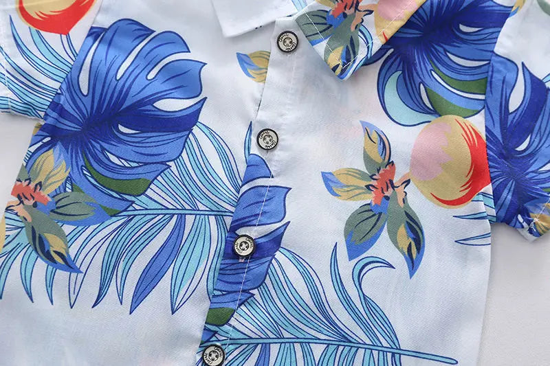 1 Juego de traje de viento de playa para niños y niñas, camisa estampada de manga corta + traje de pantalones cortos, ropa fina de verano para bebés