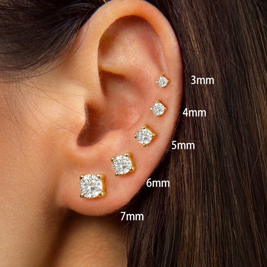 Plata de Ley 925 auténtica pendientes de circonita Ins CZ de 3mm, 4mm, 5mm, 6mm y 7mm para mujer, joyería fina chapada en oro de 18k, regalo para niñas