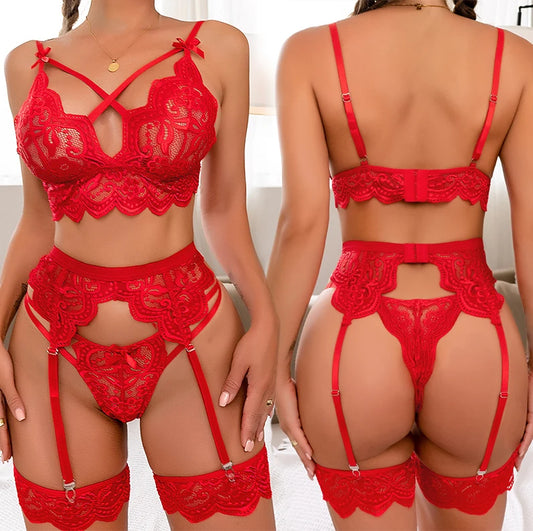 Conjunto de lencerÃ­a de encaje Sexy para mujer, Bikini erÃ³tico de encaje de peluche, conjuntos de ligas de sujetador y bragas de 3 uds, lencerÃ­a Babydoll transparente para mujer