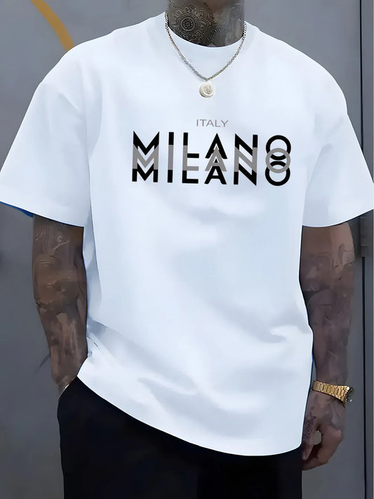 Camiseta holgada informal de algodÃ³n puro 100% de verano para hombre de talla grande con estampado de MILANO italiano, cÃ³moda camiseta de manga corta con cuello redondo