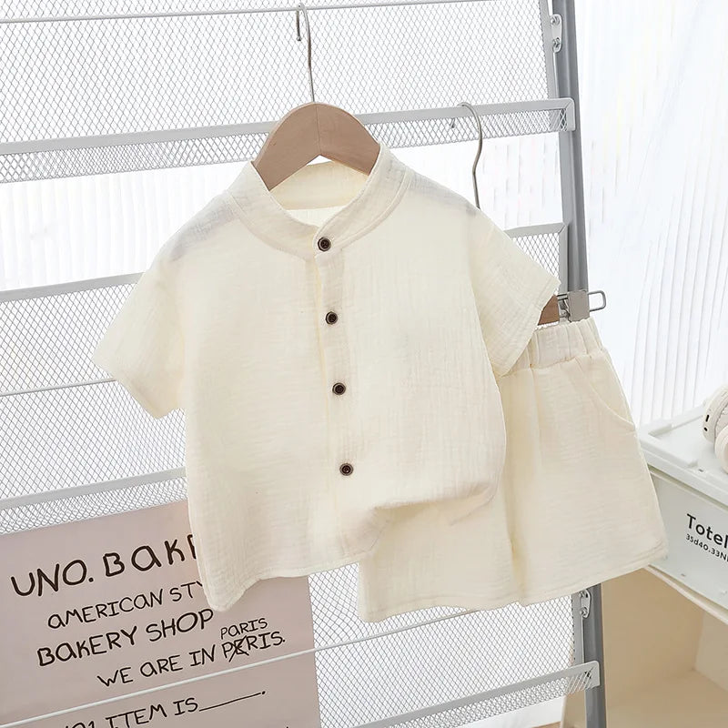 1 Juego de ropa de verano para niños y niñas, camisetas de algodón puro liso + pantalones cortos elásticos, ropa para niños, conjuntos de ropa informal para niños