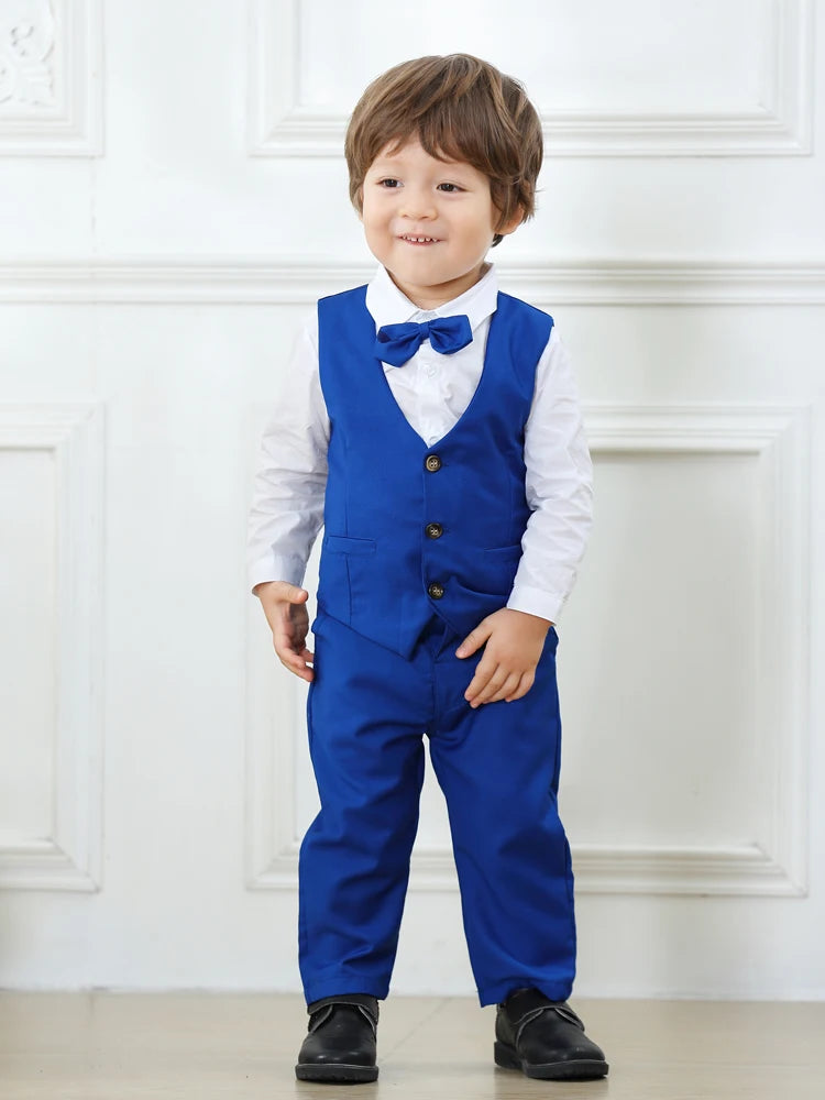 Trajes de caballero disfraz de cumpleaños para niños primavera otoño conjunto de ropa de Boutique chaleco sólido traje niños ropa Formal de algodón