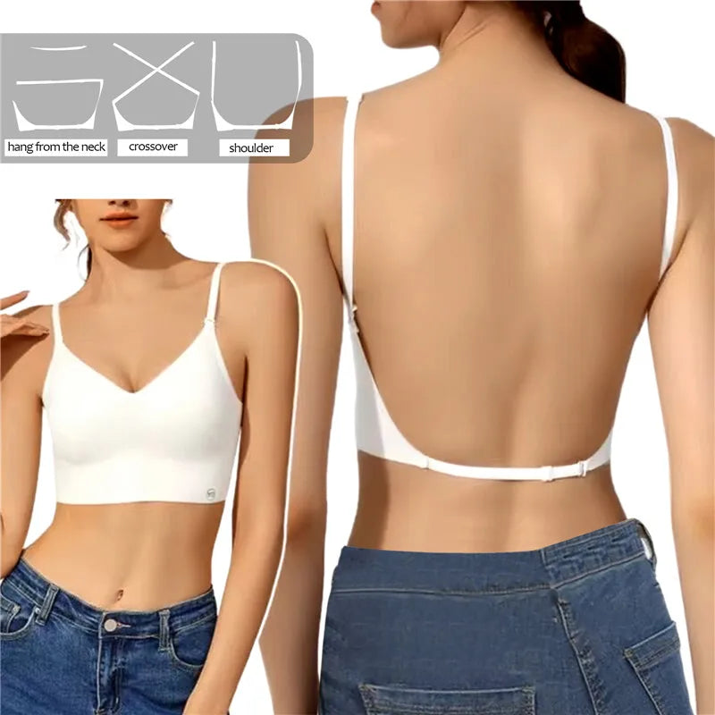 Sujetador Invisible de realce con espalda descubierta para mujer, sujetadores sexys de corte bajo, ropa interior de boda con espalda abierta, lencería sin costuras 2024