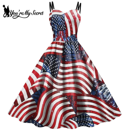 [Eres mi secreto] vestido de DÃƒÂ­a de la independencia para mujer, vestido de fiesta de carnaval, vestido antideslizante, patrÃƒÂ³n de bandera para adultos, vestido Rockabilly de lujo para Halloween