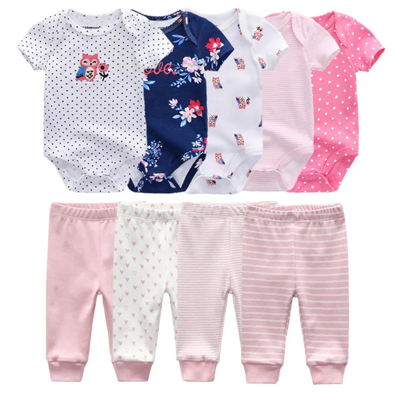 9 unids/lote monos Unisex para recién nacidos + pantalones conjuntos de ropa de algodón de dibujos animados ropa para bebé (niño o niña)