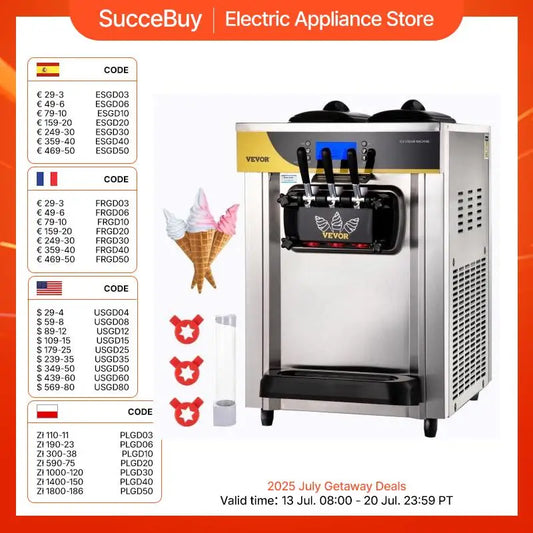 SucceBuy-máquina para hacer helados, rendimiento de 22-30L/H, 2200W, máquina de servicio suave para encimera, yogur helado para restaurante, Snack Bar