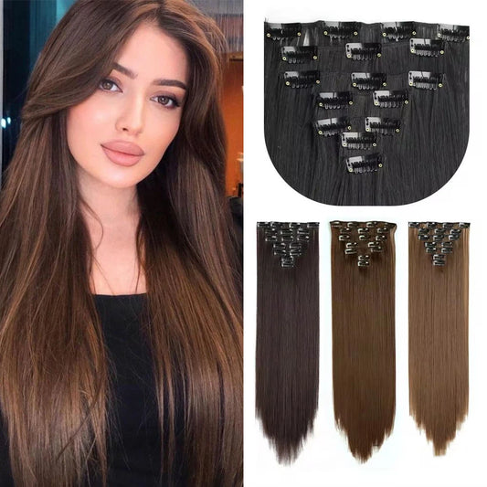 Extensiones de cabello sintÃƒÂ©tico largo y recto para mujer, 16 Clips, 7 unidades/juego, fibra de alta temperatura, negro, marrÃƒÂ³n, Rubio