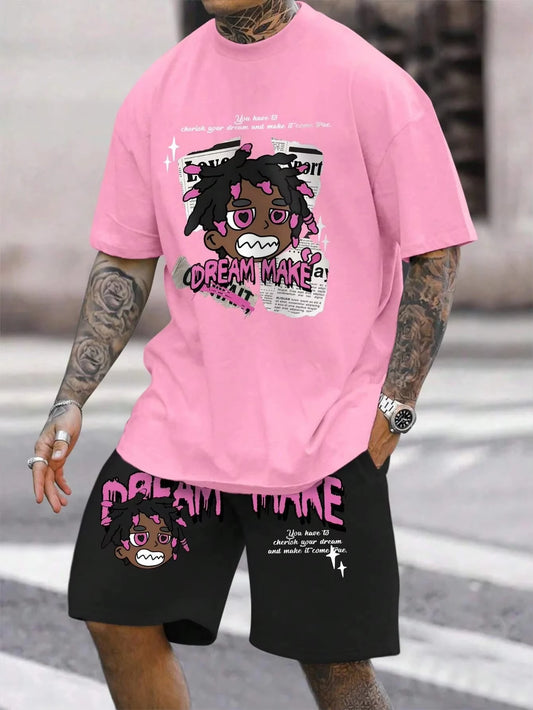 Camiseta casual de verano con cuello redondo para hombre, estampada con personajes de dibujos animados y patrones de letras, sl corto ligero y transpirable