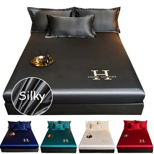 Sábana bajera de satén de alta gama con banda elástica, Sábana sedosa de Color sólido, funda de colchón antideslizante suave, colchas, ropa de cama