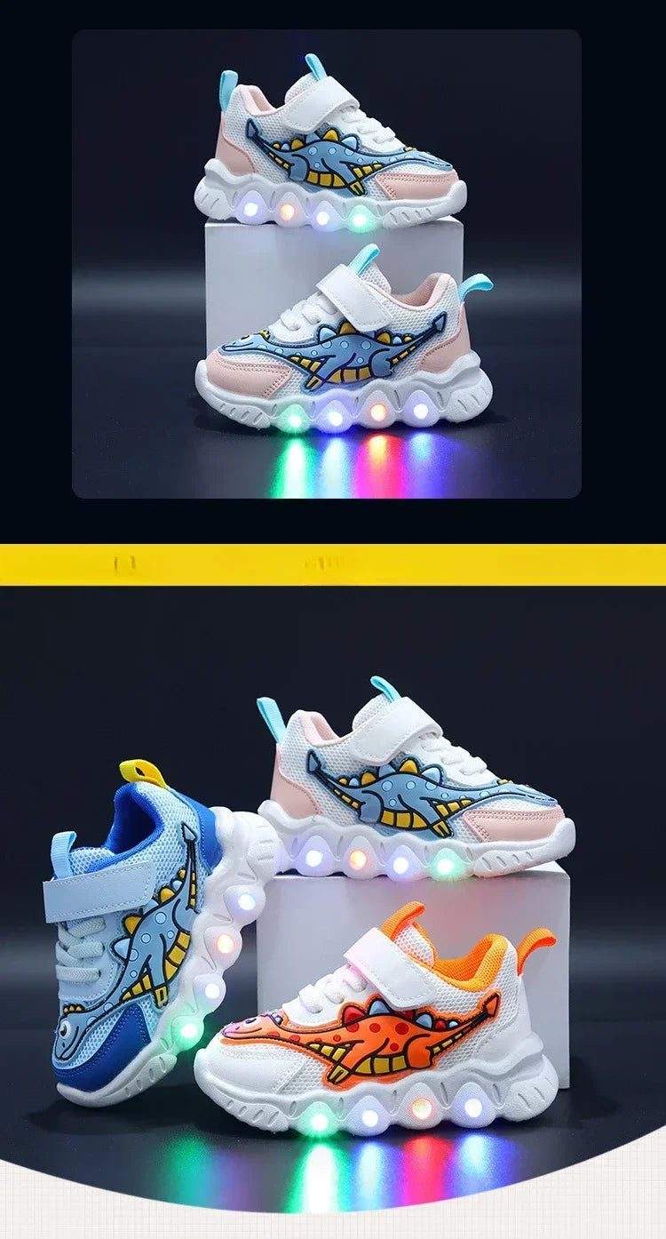 Zapatillas de deporte informales con dibujos animados para niños y niñas, zapatos de iluminación transpirables con malla LED, zapatos iluminados para bebés