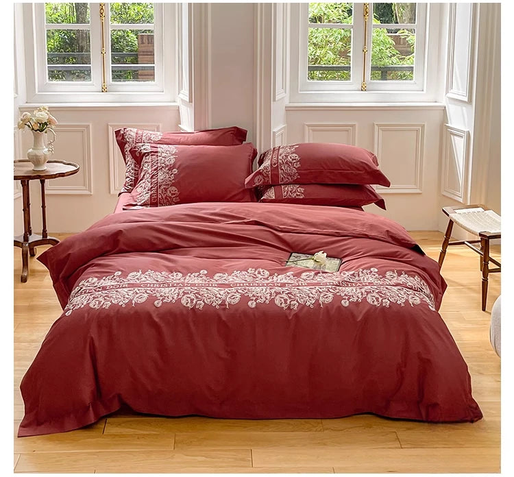 Juego de cama de algodón de grapa larga de 100 unidades, funda nórdica bordada con patrones de flores y plantas, Sábana bajera tamaño Queen TwinFull