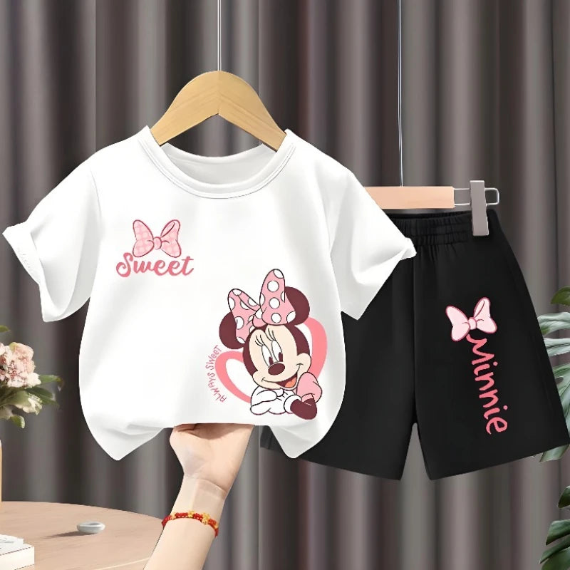 Conjunto de dos piezas de camiseta y pantalones cortos para niños, traje superior de manga corta con cuello redondo para niñas, trajes informales para niños, conjuntos de pantalones cortos transpirables de verano