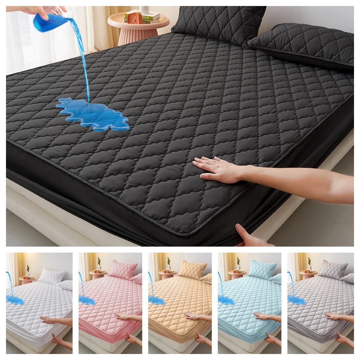 Sábana bajera impermeable de algodón lavado con banda elástica, Protector de colchón, Color negro, 100%