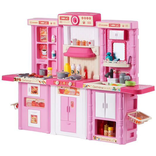 VEVOR Cocina de Juguete para Niños 3 en 1 Cocinita Infantil Juguete de Simulación con Spray Simulado Sonido Luz 74 Piezas de Accesorios de Cocina para Niños, Preescolares, Niños de 3 a 8 Años, Rosa