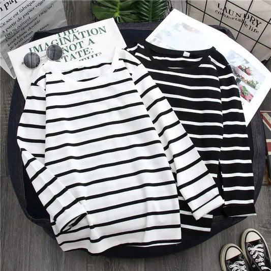 1 pieza primavera y otoÃƒÂ±o invierno Top a rayas negras con estilo extranjero Ins camisa inferior mujer Camiseta de manga larga