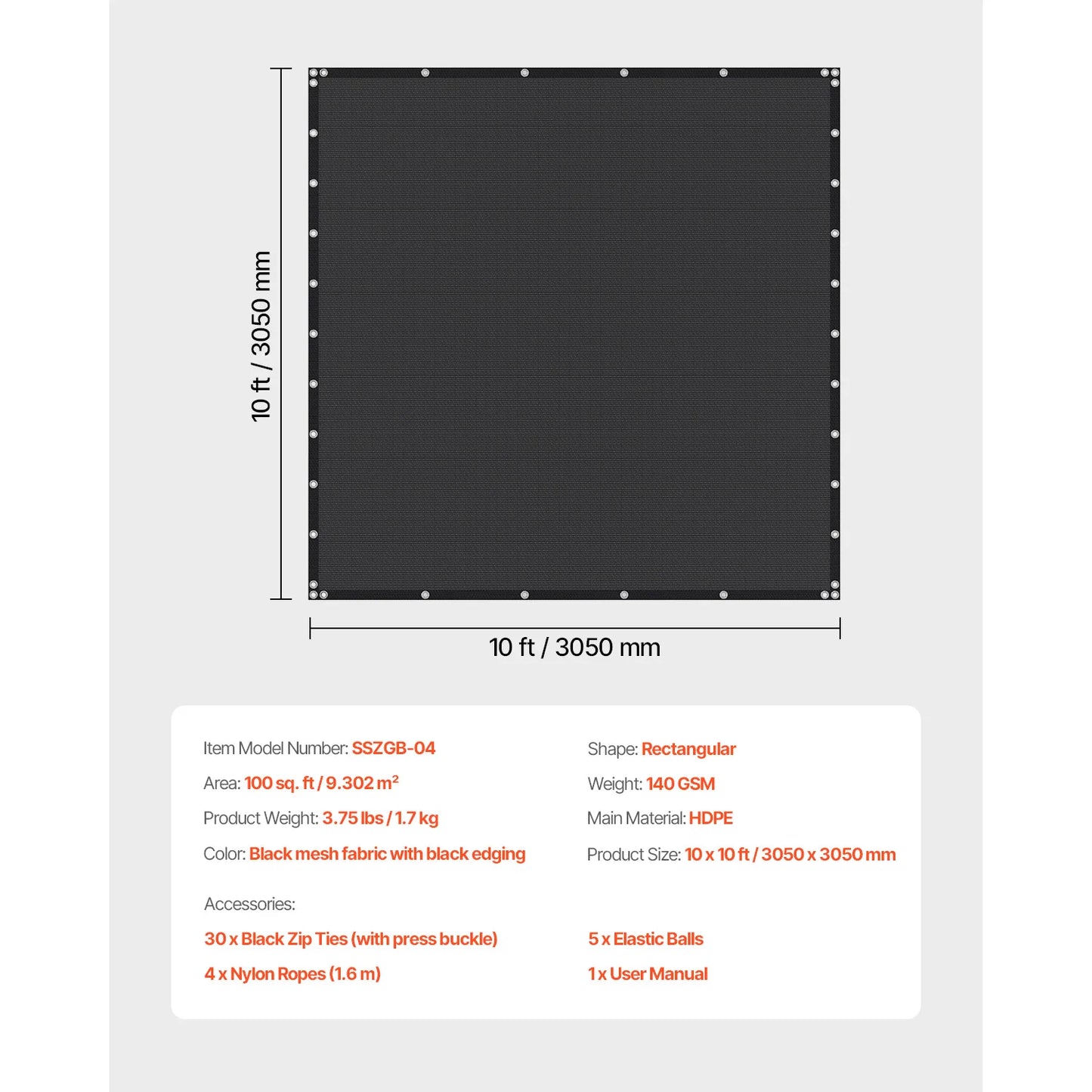 VEVOR Toldo de Sombra 305 x 305 cm Tela Parasol con Ojales de Acero Inoxidable Red de Sombreado HDPE 140 g/m² Tejido de Protección con 30 Bridas para Exteriores, Patios, Jardines, Terrazas, Negro