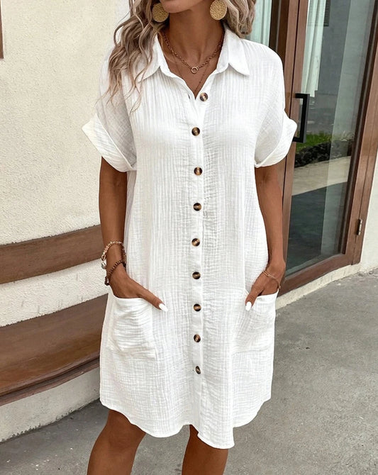 Minivestido Vintage liso para mujer, moda de verano con cuello en V, manga tres cuartos, vestido de lino y algodÃ³n, Vestidos informales para vacaciones