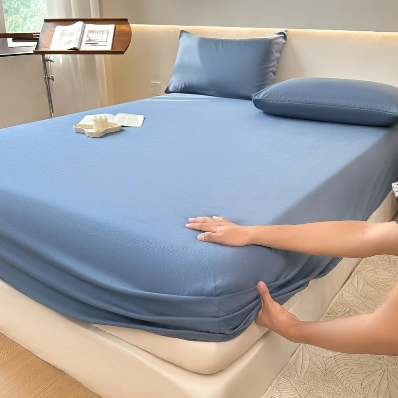 Sábana bajera de algodón lavada con funda de almohada, bandas elásticas, Funda de colchón ajustable antideslizante para cama doble King y Queen