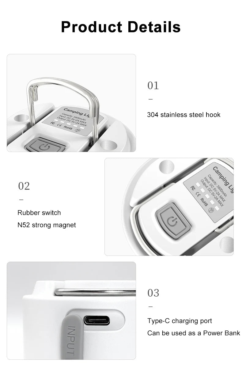 Linterna de Camping portátil, luz de trabajo de emergencia de 660 lúmenes, 4 modos de atenuación, linterna impermeable para exteriores, lámpara de tienda recargable por USB