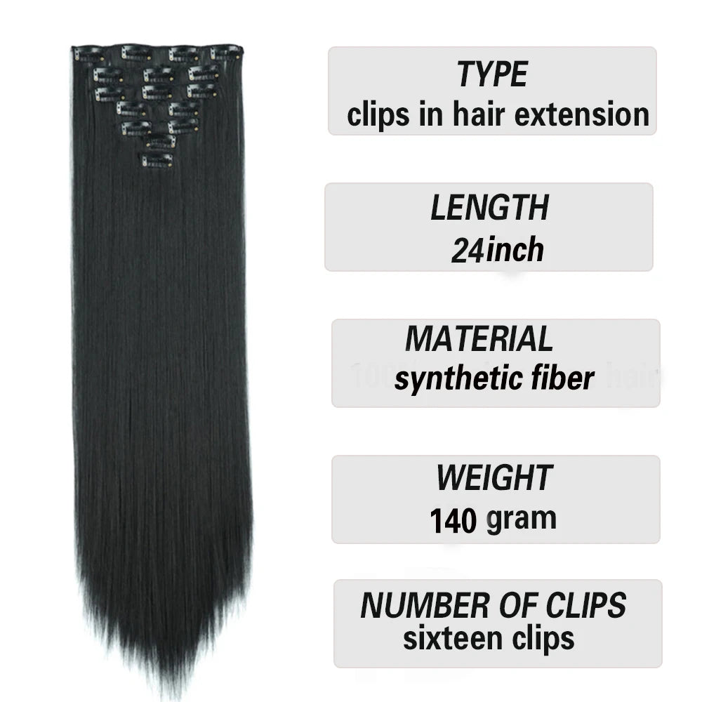 Extensiones de cabello sintÃƒÂ©tico largo y recto para mujer, 16 Clips, 7 unidades/juego, fibra de alta temperatura, negro, marrÃƒÂ³n, Rubio