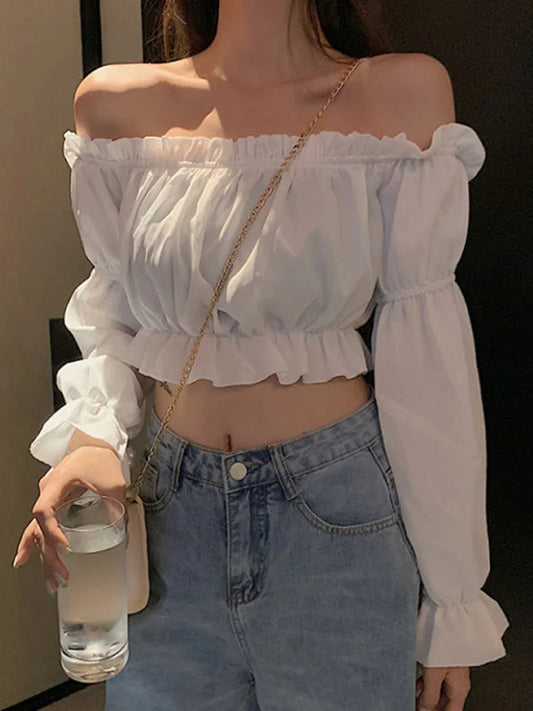 Top Sexy para mujer, blusa con hombros descubiertos, Top de manga larga de Color sÃ³lido, camisa blanca, manga abombada, TÃºnica con volantes, Top corto de tubo de verano