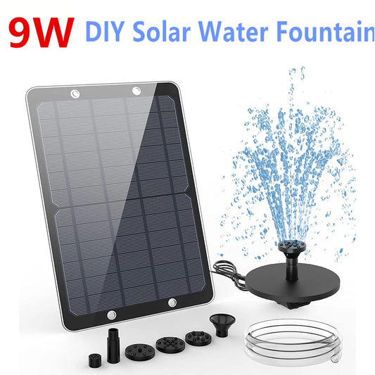 Fuente de agua Solar de 9W para jardín, decoración con boquillas, tubería de agua para baño de aves, alimentada por energía Solar para estanques