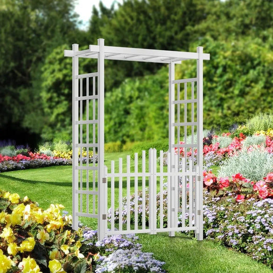 Caramanos de jardín con puerta, arco de boda de PVC para fiesta de ceremonia, enrejado de jardín para plantas trepadoras al aire libre, soporte de fondo de arco